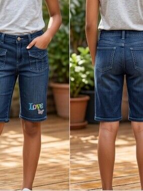 Y2K Embroidered Butterfly Dark Wash Denim Capri Shorts 12